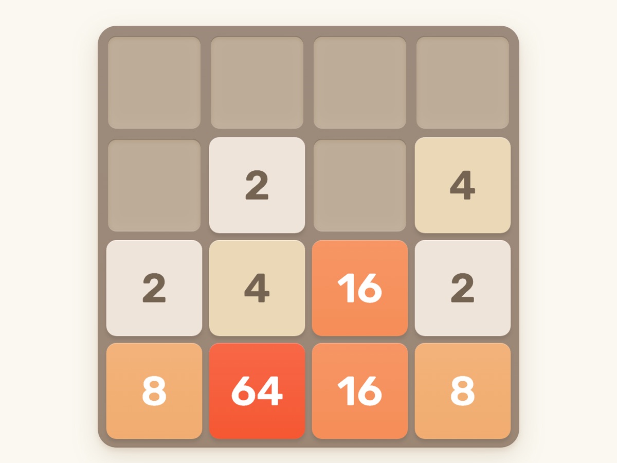 Tablero de 2048 con fichas numeradas en tonos beige y naranja