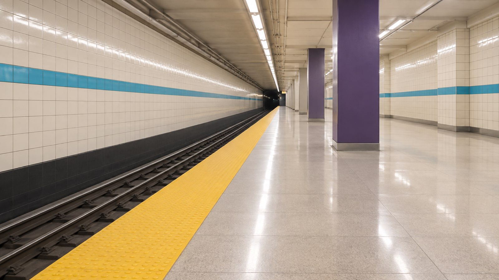 Andén de subte vacío con paredes de azulejo blanco, franja celeste y una columna violeta