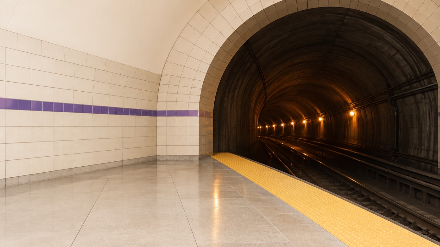 Boca de un túnel de subte con arco de azulejos y luces cálidas, sin personas