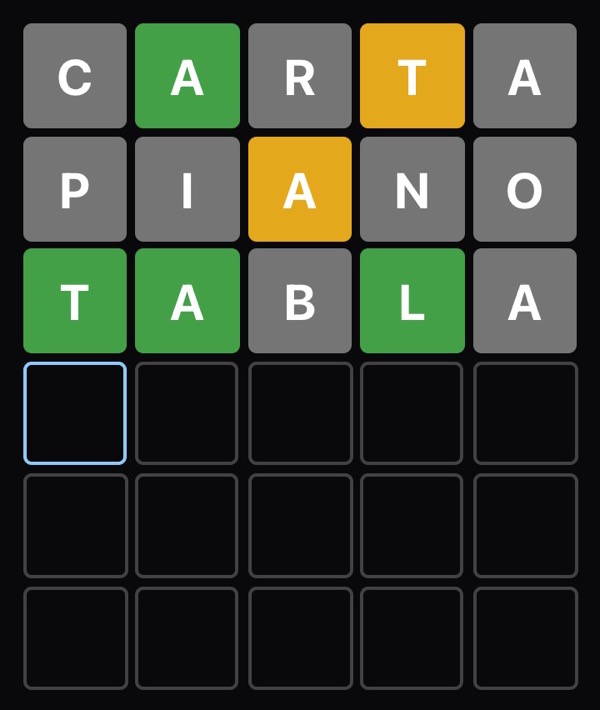 Tablero de La palabra del día con tres intentos en casillas verdes, amarillas y grises